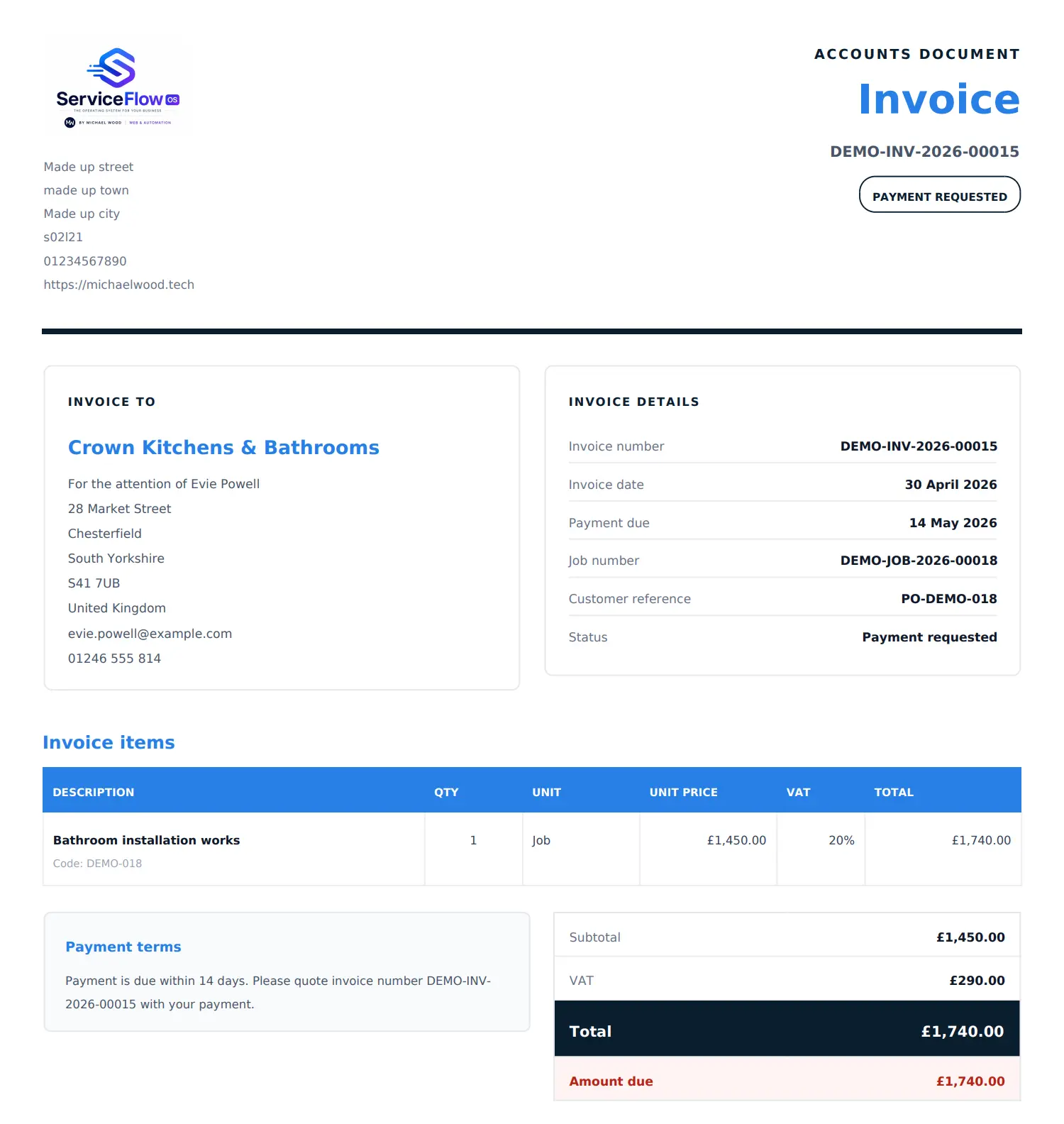 Example ServiceFlowOS heating engineer invoice