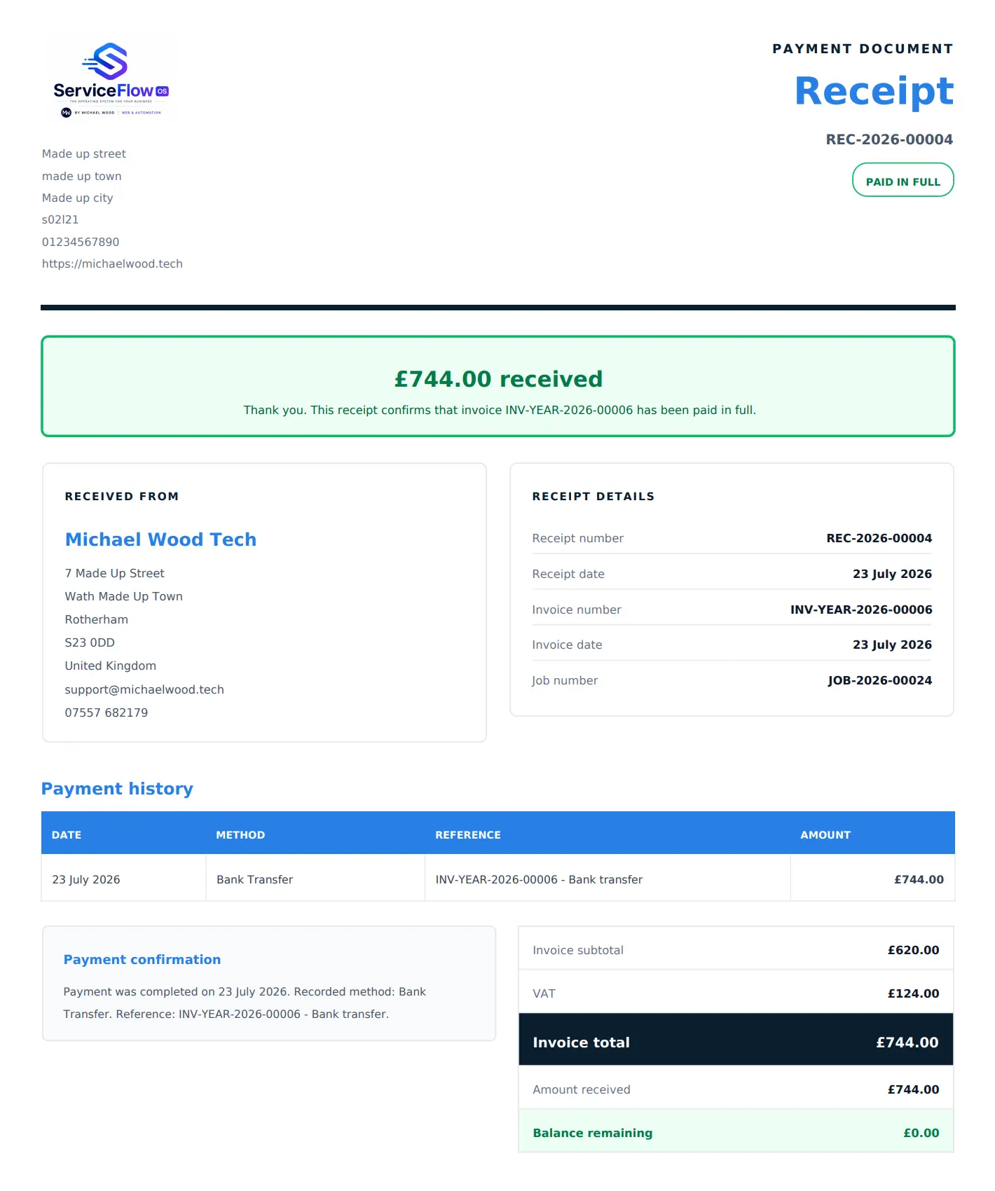 Example ServiceFlowOS heating engineer payment receipt