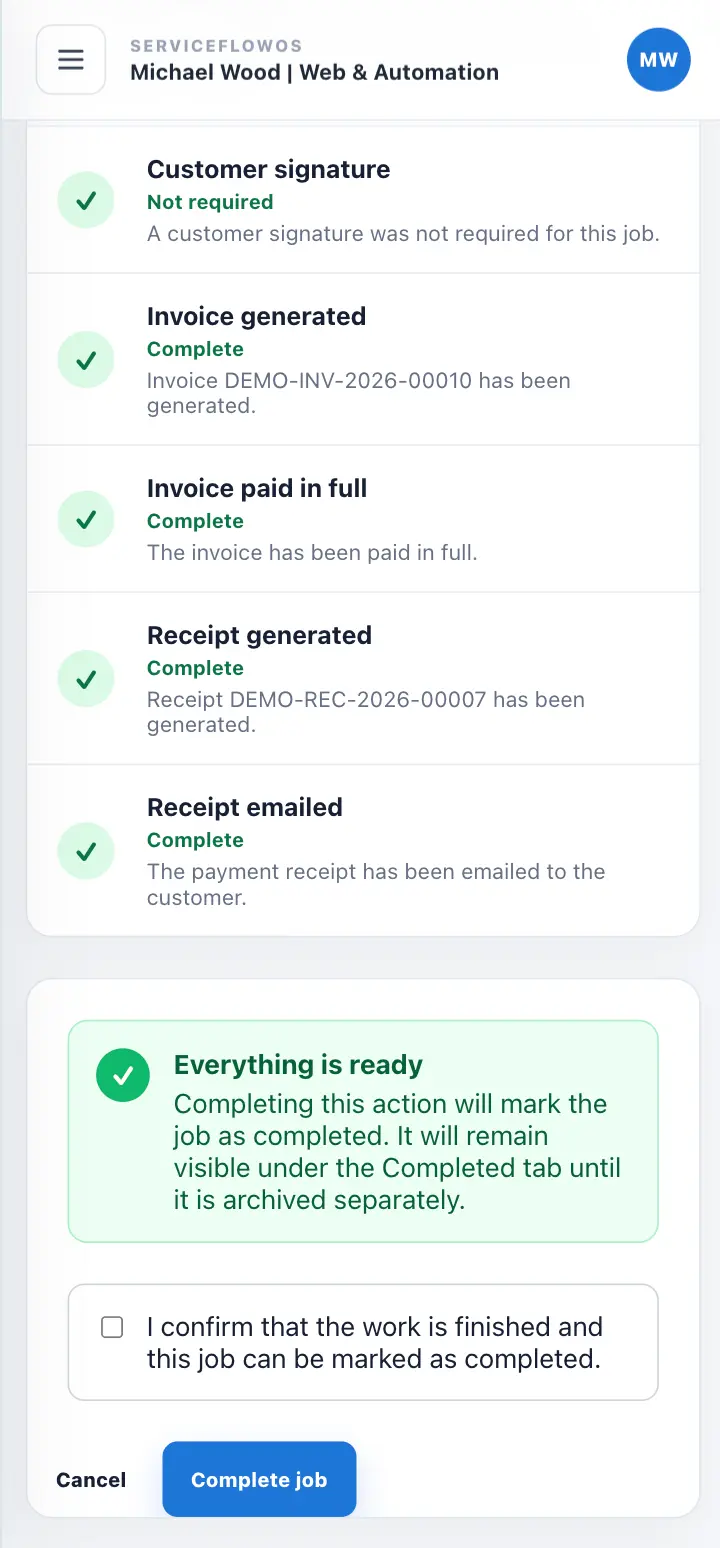 ServiceFlowOS mobile job screen